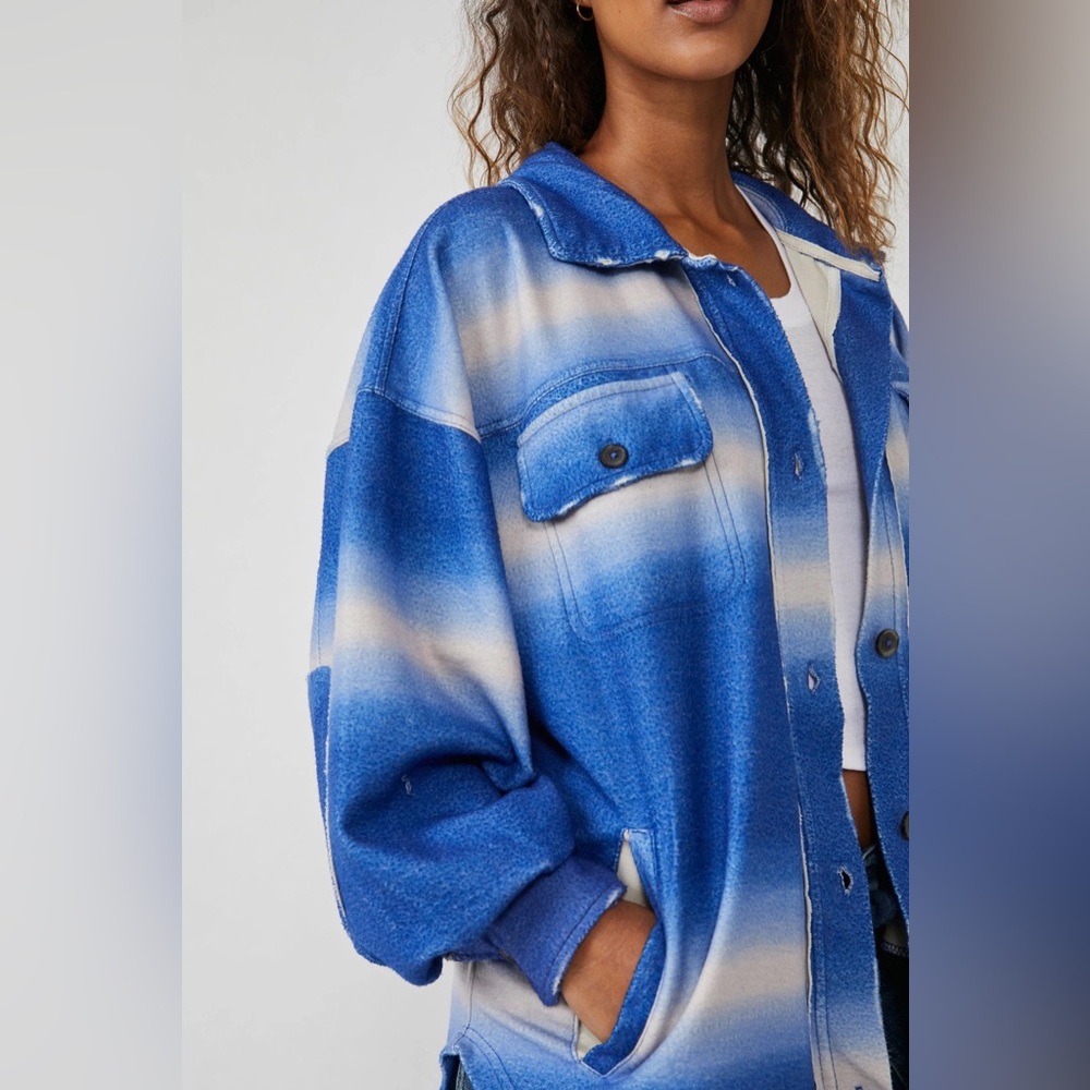 NWT Free People Ruby Button Down Shacket, Ombré Blue Deep Sea Combo